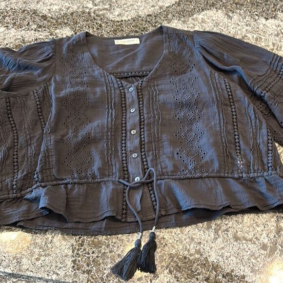 Lucky Brand gray eyelet button front w/tie boho peasant shirt top blouse S - Picture 9 of 14